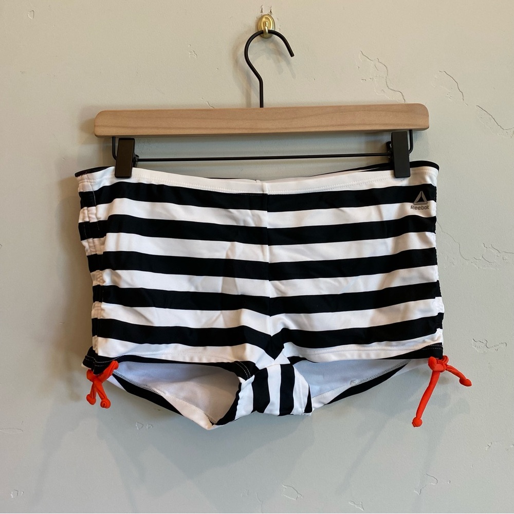 REEBOK Black & White Stripe Side Cinch Swim Boy Shorts